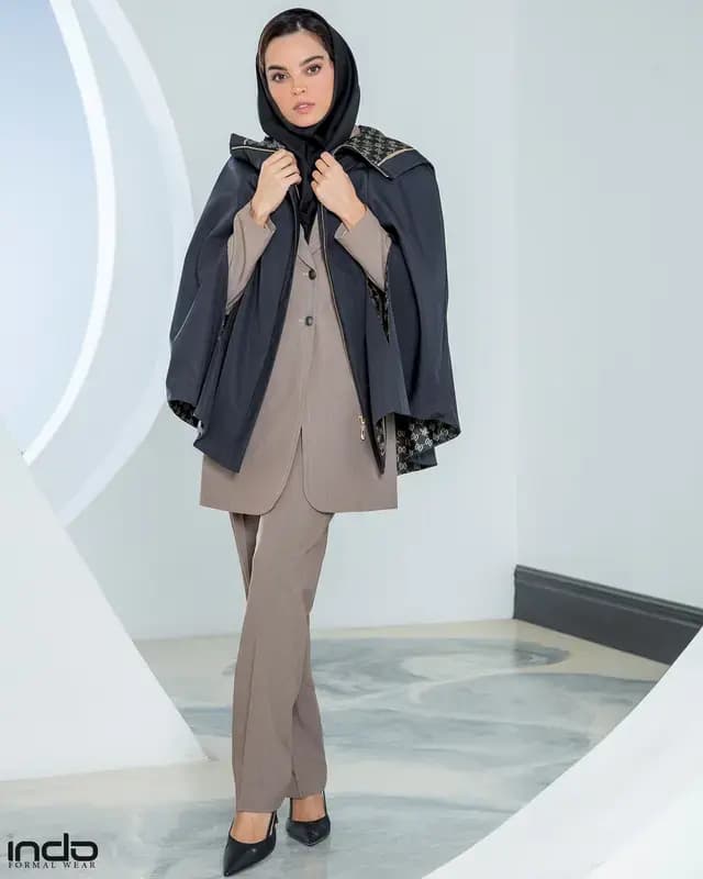 شنل بارانی کلاهدار اداری | مانتو اداری ایندو